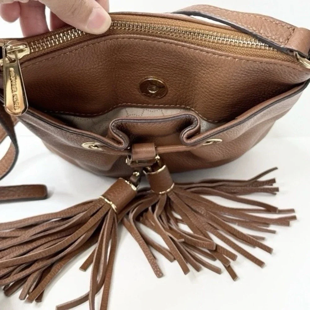 Michael Kors Brown Pebble Leather Camden Drawstring Crossbody Bag